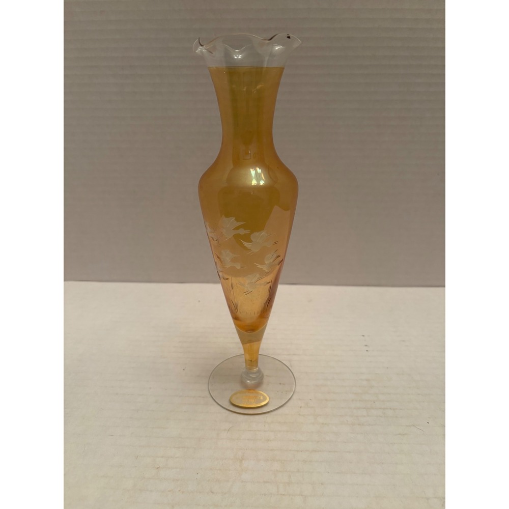 Damrons Art Glass Bud Vase Hand Engraved Flying Geese Amber Iridescent 10 inch